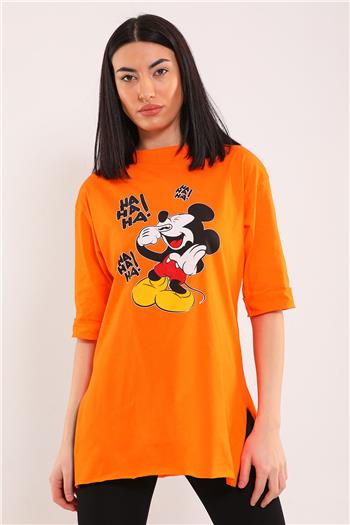 Kadın Bisiklet Yaka Mickey Mouse Baskılı Yan Yırtmaçlı Salaş Tshirt Orange 493715