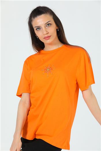 Kadın Bisiklet Yaka Nakışlı İncili T-shirt Orange 501837