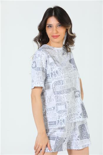 Kadın Desenli Şortlu Pijama Takımı Beyaz 501779