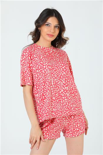 Kadın Desenli Şortlu Pijama Takımı Nar çiçeği 501784