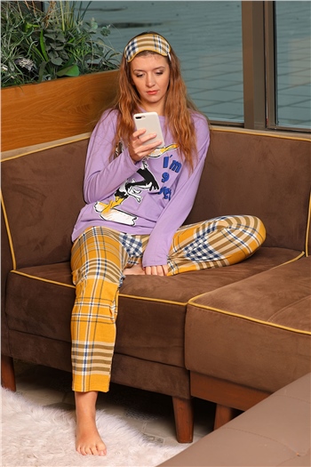 Kadın Desenli Uyku Bantlı Pijama Takımı Lila 490282