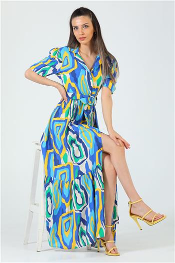 Kadın Düğmeli Kemer Detaylı Desenli Elbise LacivertSarı 501826