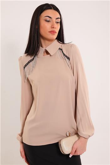 Kadın Gömlek Yaka Taş Detaylı Bluz Bej 495433