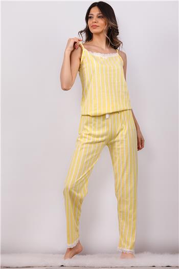 Kadın İnce Askılı Çizgi Desenli Pijama Takımı Sarı 499827