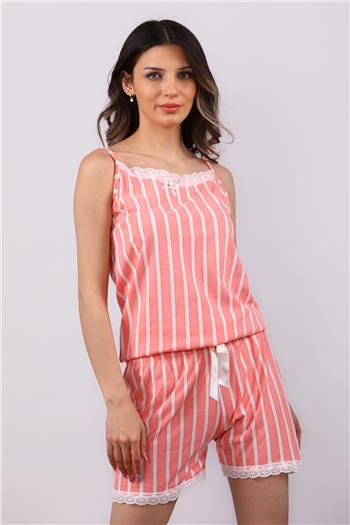 Kadın İnce Askılı Çizgi Desenli Şortlu Pijama Takımı Somon 499830
