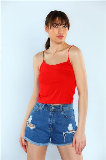 Kadın İp Askılı Crop Bluz Kırmızı 500275