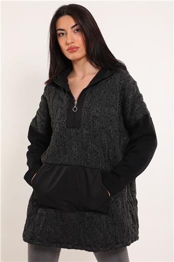 Kadın Kabartma Desenli Fermuar Detaylı Kapişonlu Sweatshirt Siyah 495808