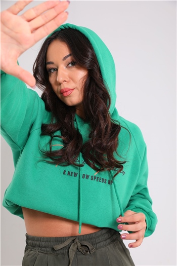 Kadın Kapüşonlu Şardonlu Baskılı Sweatshirt Yeşil 492688