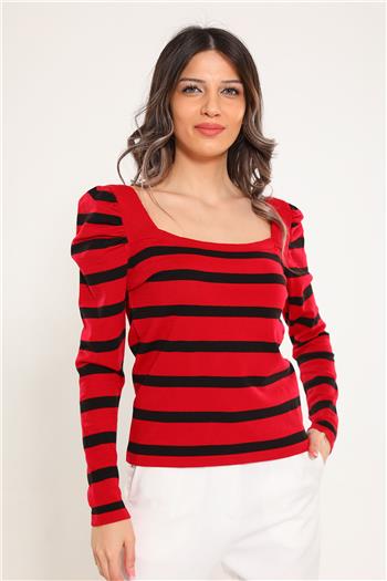 Kadın Kare Yaka Çizgi Desenli Triko Crop Bluz Kırmızı 499658