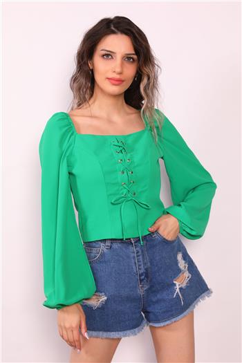 Kadın Kare Yaka Ön Bağcık Detaylı İpeksi Kumaş Crop Bluz Yeşil 498973