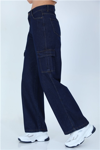 Kadın Kargo Cepli Bol Paça Jeans Pantolon Lacivert 492606