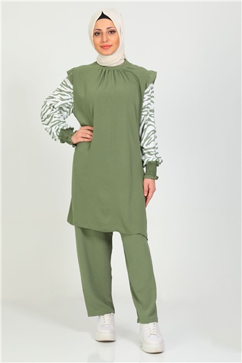 Kadın Kolları Zebra Desenli Pantolonlu Tesettür İkili Takım Yeşil