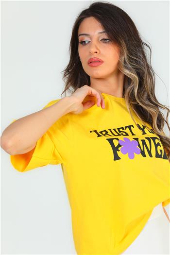 Kadın Likralı Bisiklet Yaka Duble Kol Baskılı T-shirt Sarı 483402