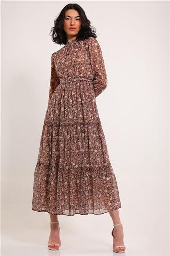 Kadın Ön Düğme Detaylı Desenli Kemerli Elbise Vizon 494914