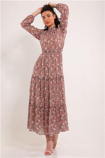 Kadın Ön Düğme Detaylı Desenli Kemerli Elbise Bej 494913