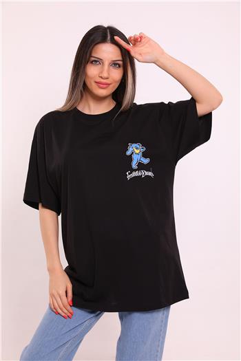 Kadın Oversize Ayıcık Baskılı T-shirt Siyah 497776