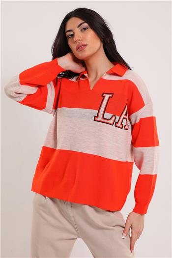 Kadın Polo Yaka Blok Desenli Triko Bluz Orange 495503