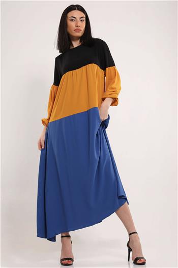 Kadın Renk Bloklu Salaş Elbise Mavi 493910