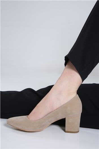 Kadın Sivri Burun Stiletto Kalın Topuklu Ayakkabı VizonNubuk
