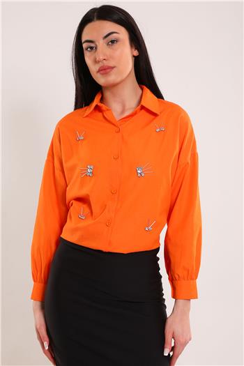 Kadın Taş İşlemeli Gömlek Orange 495439