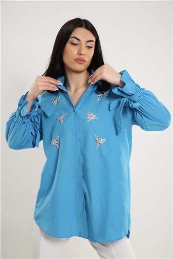 Kadın Taşli Kol Bağlamalı Tunik Gömlek Mavi 495330