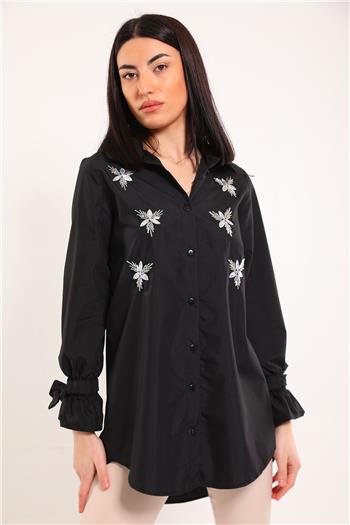 Kadın Taşli Kol Bağlamalı Tunik Gömlek Siyah 494178