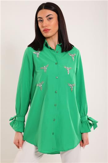 Kadın Taşli Kol Bağlamalı Tunik Gömlek Yeşil 495331