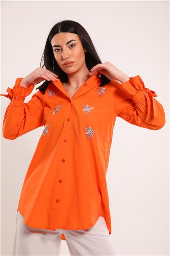 Kadın Taşli Kol Bağlamalı Tunik Gömlek Orange 494180