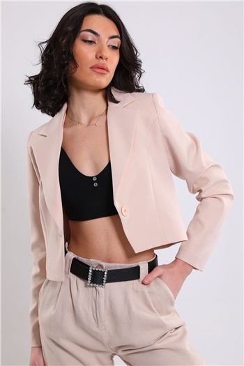 Kadın Tek Düğmeli Astarlı Crop Blazer Ceket Taş 493215