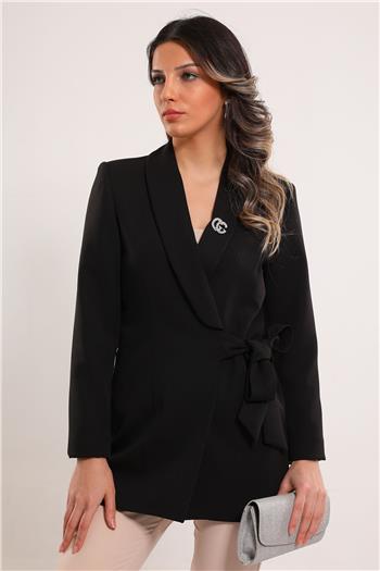 Kadın Yan Bağlamalı Astarlı Blazer Ceket Siyah 494800