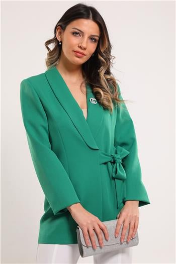Kadın Yan Bağlamalı Astarlı Blazer Ceket Yeşil 494801