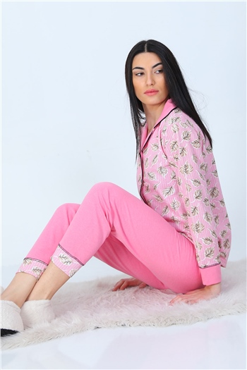 Kadın Yaprak Detaylı Ribanalı Pijama Takımı Pembe