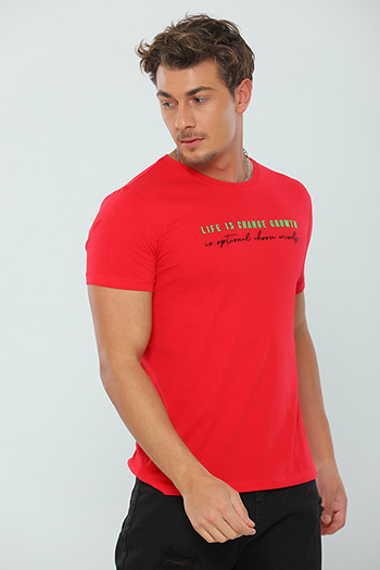 Kırmızı Erkek Likralı Bisiklet Yaka Baskılı T-shirt 449335