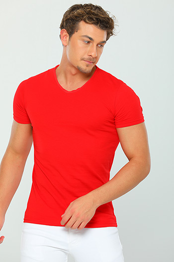 Kırmızı Erkek Likralı V Yaka Slim Fit Basic Body T-shirt 472697