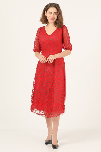 Kırmızı Kadın V Yaka İç Astarlı Midi Boy Işıltılı Abiye Elbise 471647
