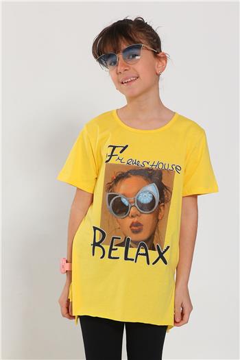 Kız Çocuk Bisiklet Yaka Ön Baskılı T-shirt Sarı 499322