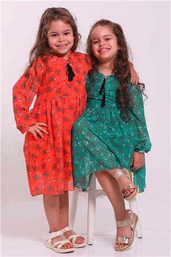 Kız Çocuk Desenli Şifon Elbise Orange 499317