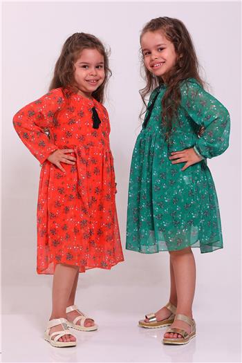 Kız Çocuk Desenli Şifon Elbise Yeşil 499315