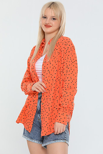 Orange Kadın Oversize Kol Apoletli Desenli Keten Gömlek 479950