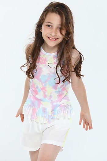Renkli Kız Çocuk Bisiklet Yaka Batik Desenli Püsküllü T-shirt 485085