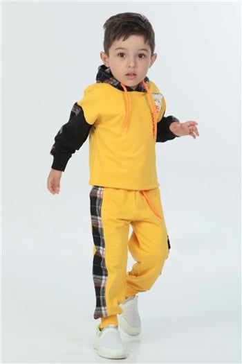 Sarı Erkek Çocuk Kapüşonlu Ekose Desenli Baskılı İkili Takım 486620