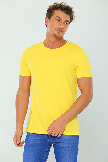 Sarı Erkek Likralı Bisiklet Yaka Basic T-shirt 472758