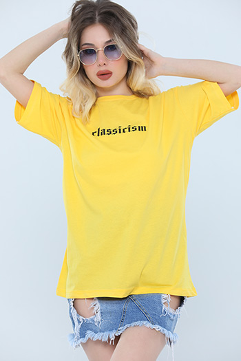 Sarı Kadın Likralı Bisiklet Yaka Baskılı Salaş T-shirt 483527