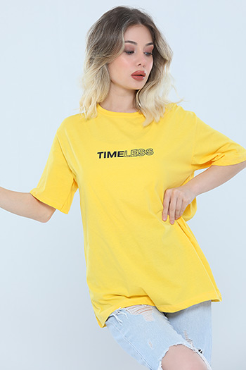 Sarı Kadın Likralı Bisiklet Yaka Baskılı Salaş T-shirt 483505