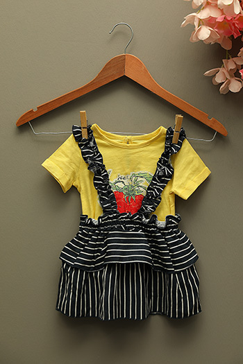 Sarı Kız Bebek Likralı Baskılı T-shirt Çizgili Salopet Etek İkili Takım 485017