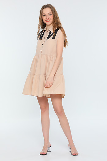 Taş Kadın Gömlek Yaka Sıfır Kollu Eteği Katlı Salaş Mini Elbise 480024