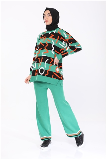Yeşil Kadın Desenli Triko Kazak Pantolon İkili Takım