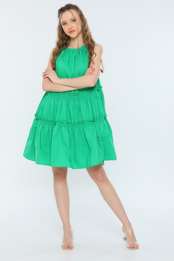 Yeşil Kadın Sıfır Kol Boyundan Ayarlanabilir Bağlamalı Yazlık Salaş Elbise 480521