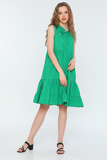 Yeşil Kadın Yaka Detaylı Sıfır Kollu Eteği Katlı Salaş Elbise 480041