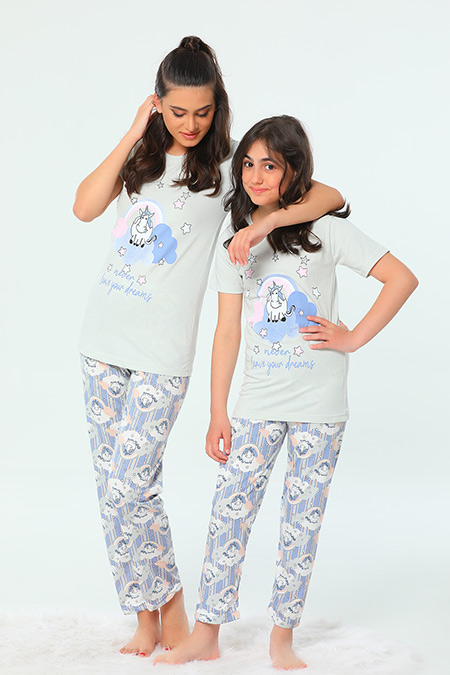 AçıkGri Unicorn Baskılı Kadın Pijama Takımı